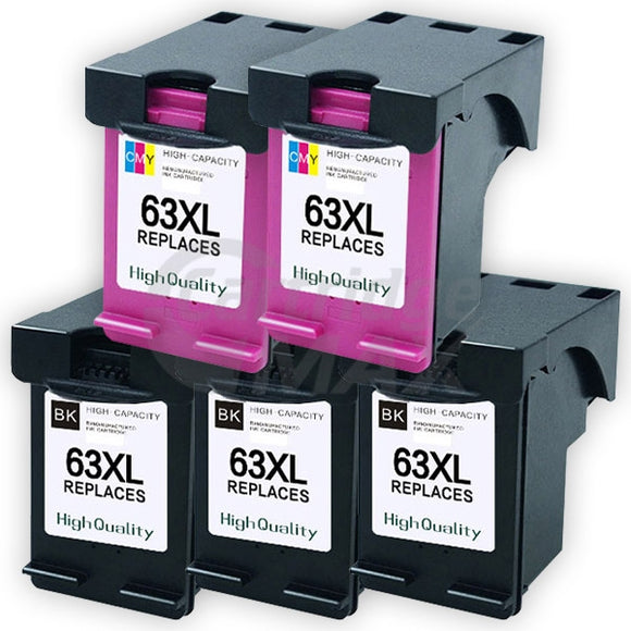 5 Pack HP 63XL Generic High Yield Inkjet Cartridges F6U64AA + F6U63AA [3BK,2CL]