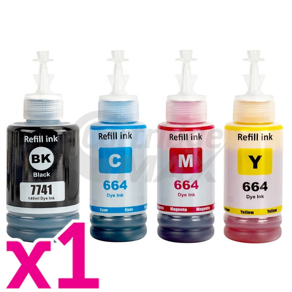 4-Pack Generic Epson T774 + T664 EcoTank Ink Bottles [BK+C+M+Y]