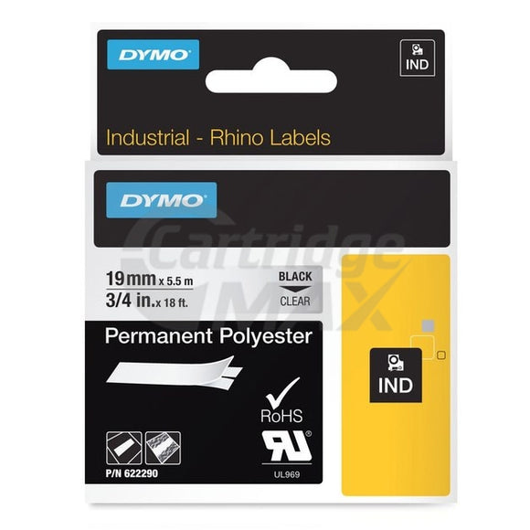 Dymo SD622290 Original 19mm Black Text on Clear Permanent Polyester Industrial Rhino Label Cassette - 5.5 meters