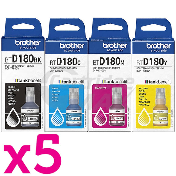 20 Pack Original Brother BTD180 Ink Bottles Combo [5BK, 5C, 5M, 5Y]