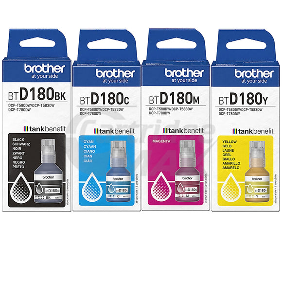 5 Pack Original Brother BTD180 Ink Bottles Combo [2BK, 1C, 1M, 1Y]