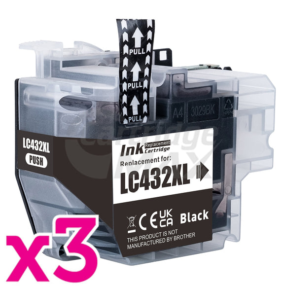 3 x Brother LC-432XLBK Generic Black High Yield Ink Cartridge