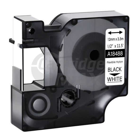 Dymo SD18488 Generic 12mm Black Text on White Flexible Nylon Industrial Rhino Label Cassette - 3.5 meters