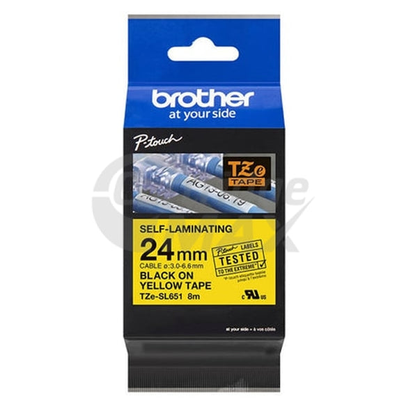 Brother TZe-SL651 Original 24mm Black Text on Yellow Self-Laminating Label for Cables & Wires - 8 metres
