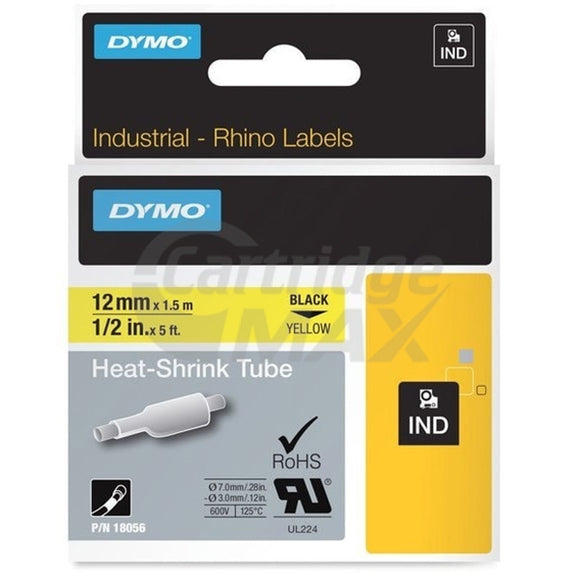Dymo SD18056 Original 12mm Black Text on Yellow Heat-Shrink Tube Industrial Rhino Label Cassette - 1.5 meters