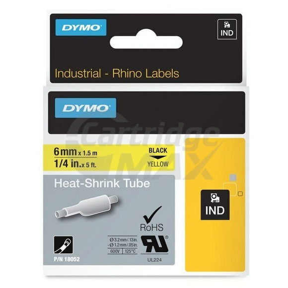 Dymo SD18052 Original 6mm Black Text on Yellow Heat-Shrink Tube Industrial Rhino Label Cassette - 1.5 meters