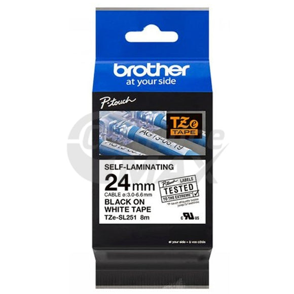 Brother TZe-SL251 Original 24mm Black Text on White Self-Laminating Label for Cables and Wires - 8 metres