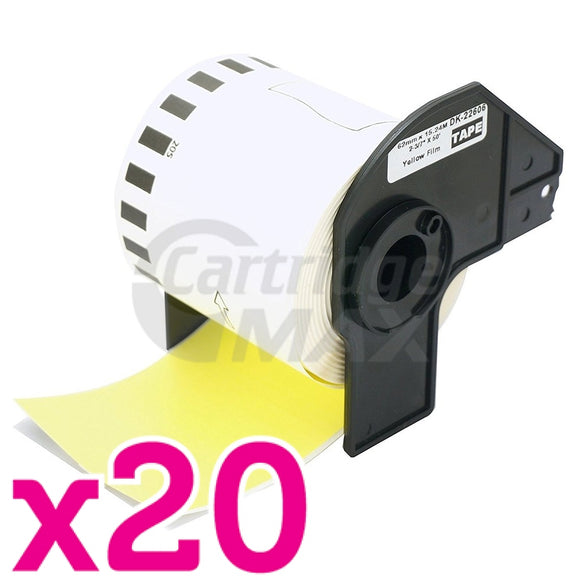20 x Brother DK-22606 Generic Black Text on Yellow Continuous Film Label Roll 62mm x 15.24m