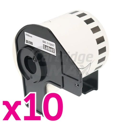 10 x Brother DK-11207 Generic Black Text on White Die-Cut CD/DVD Film Label Roll 58mm Diameter - 100 labels per roll