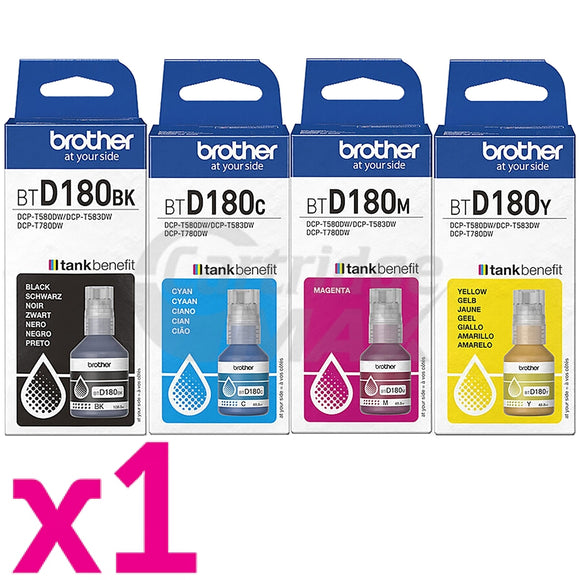 4 Pack Original Brother BTD180 Ink Bottles Combo [1BK, 1C, 1M, 1Y]