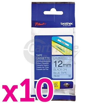 10 x Brother TZe-531 Original 12mm Black Text on Blue Laminated Tape - 8 meters