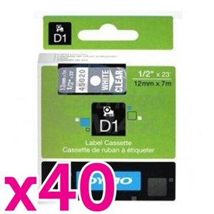 40 x Dymo SD45020 / S0720600 Original 12mm White Text on Clear Label Cassette - 7 meters
