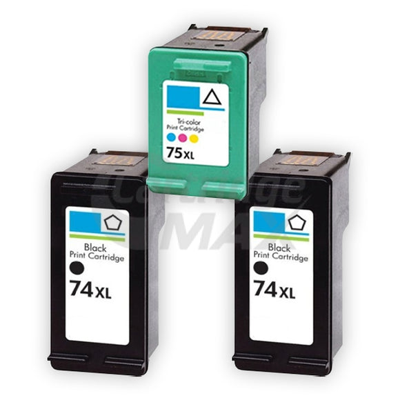 3 Pack HP 74XL + 75XL Generic Inkjet Cartridges CB336WA + CB338WA [2BK,1CL]