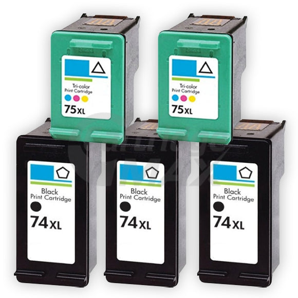 5 Pack HP 74XL + 75XL Generic Inkjet Cartridges CB336WA + CB338WA [3BK,2CL]