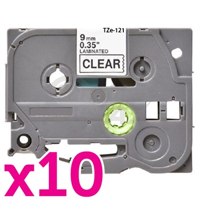 10 x Brother TZe-121 Generic 9mm Black Text on Clear Laminated Tape - 8 meters