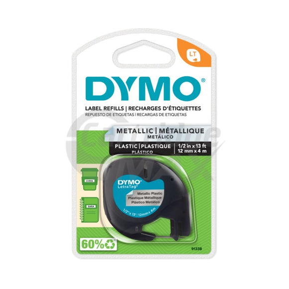 Dymo SD91208 / 91338 Original 12mm x 4m Black On Silver LetraTag Metallic Tape