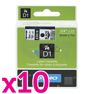 10 x Dymo SD43610 / S0720770 Original 6mm Black Text on Clear Label Cassette - 7 meters
