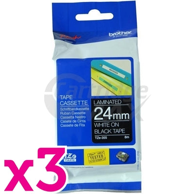 3 x Brother TZe-355 Original 24mm White Text on Black Laminated Tape - 8 metres