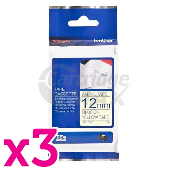 3 x Brother TZe-FA63 Original 12mm Blue Text on Yellow Fabric Tape - 3 meters