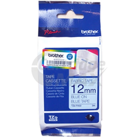 Brother TZe-FA53 Original 12mm Blue Text on Blue Fabric Tape - 3 meters