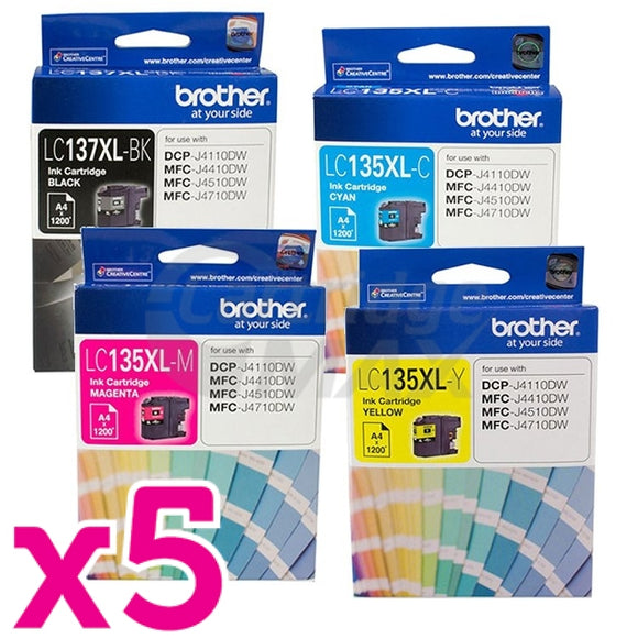 20 Pack Original Brother LC-137XL/LC-135XL High Yield Ink Combo [5BK+5C+5M+5Y]