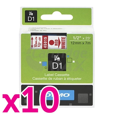 10 x Dymo SD45015 / S0720550 Original 12mm Red Text on White Label Cassette - 7 meters