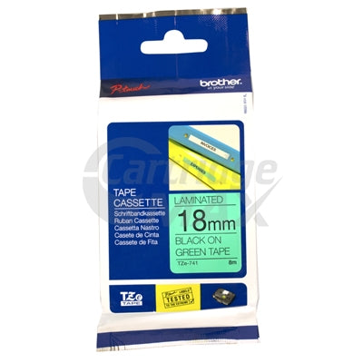 Brother TZe-741 Original 18mm Black Text on Green Laminated Tape - 8 meters