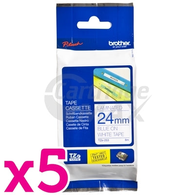 5 x Brother TZe-253 Original 24mm Blue Text on White Laminated Tape - 8 meters