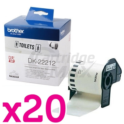20 x Brother DK-22212 Original Black Text on White Continuous Film Label Roll 62mm x 15.24m