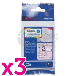 3 x Brother TZe-FAE3 Original 12mm Blue Text on Pink Fabric Tape - 3 meters