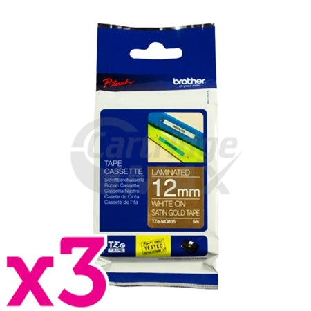 3 x Brother TZe-MQ835 Original 12mm White On Satin Gold Laminated Tape - 5 metres