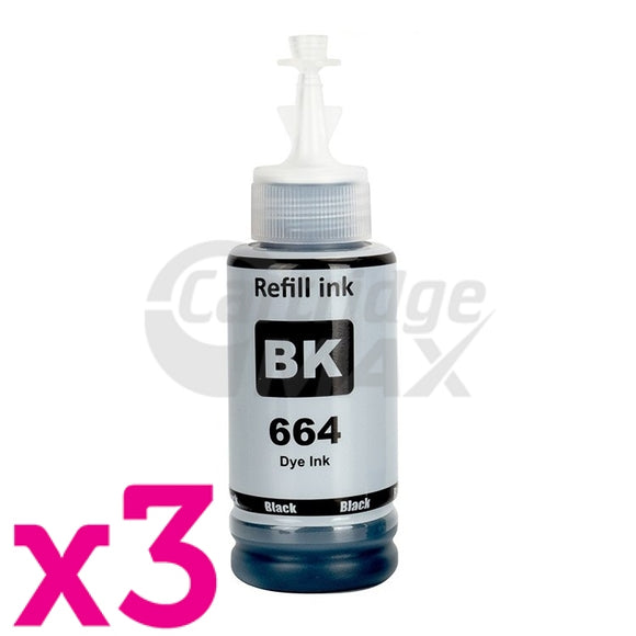3 x Generic Epson T664 EcoTank Black Ink Bottle