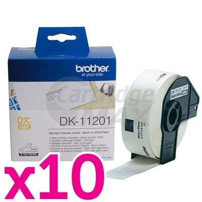 10 x Brother DK-11201 Original Black Text on White 29mm x 90mm Die-Cut Paper Label Roll - 400 labels per roll