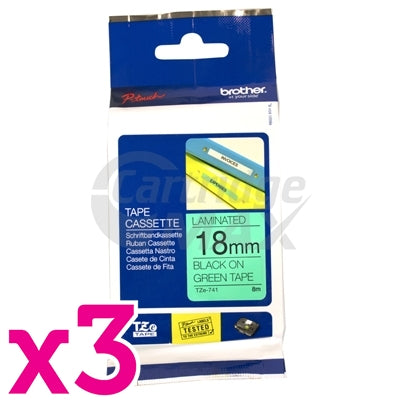 3 x Brother TZe-741 Original 18mm Black Text on Green Laminated Tape - 8 meters