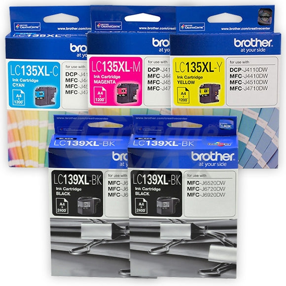 5 Pack Original Brother LC-139XL/LC-135XL High Yield Ink Combo [2BK+1C+1M+1Y]