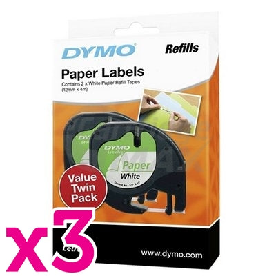 3 x Dymo SD92630 / 10697 Original 12mm x 4m Black On White LetraTag Paper Tape Twin Pack