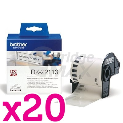 20 x Brother DK-22113 Original Black Text on Clear Continuous Film Label Roll 62mm x 15.24m
