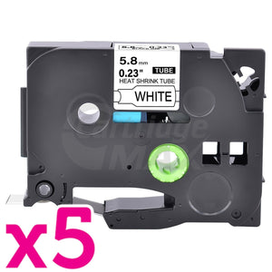 5 x Brother HSe-211 Generic 5.8mm Black Text on White Heat Shrink Tube Tape - 1.5 meters