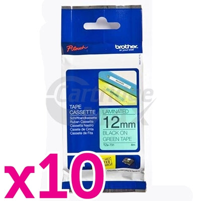 10 x Brother TZe-731 Original 12mm Black Text on Green Laminated Tape - 8 meters