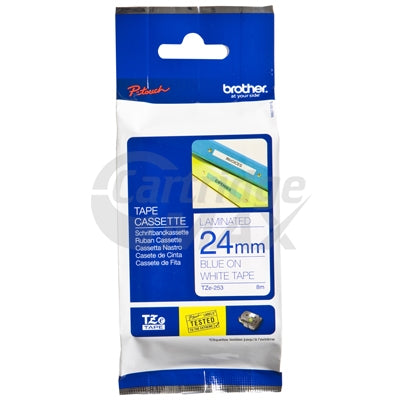 Brother TZe-253 Original 24mm Blue Text on White Laminated Tape - 8 meters