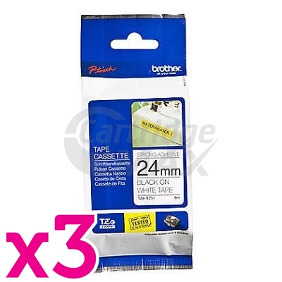 3 x Brother TZe-S251 Original 24mm Black Text on White Strong Adhesive Laminated Tape - 8 metres