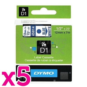 5 x Dymo SD45014 / S0720540 Original 12mm Blue Text on White Label Cassette - 7 meters