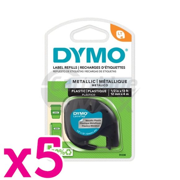 5 x Dymo SD91208 / 91338 Original 12mm x 4m Black On Silver LetraTag Metallic Tape