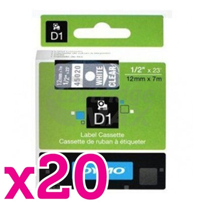 20 x Dymo SD45020 / S0720600 Original 12mm White Text on Clear Label Cassette - 7 meters