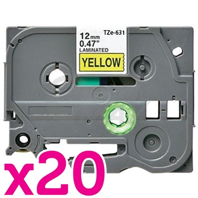 20 x Brother TZe-631 Generic 12mm Black Text on Yellow Laminated Tape - 8 meters