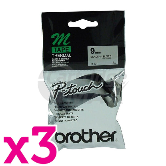 3 x Brother M-921 Original 9mm Black Text on Silver Tape - 8 meters