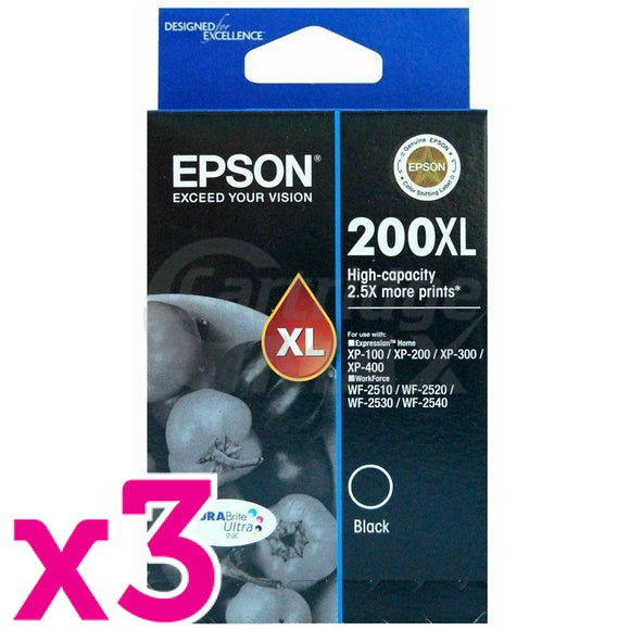 3 x Epson 200XL (C13T201192) Original Black High Yield Inkjet Cartridge