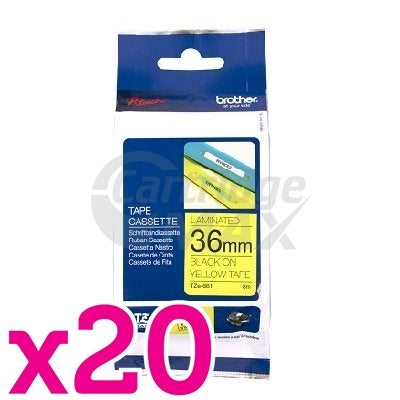 20 x Brother TZe-661 Original 36mm Black Text on Yellow Laminated Tape - 8 meters