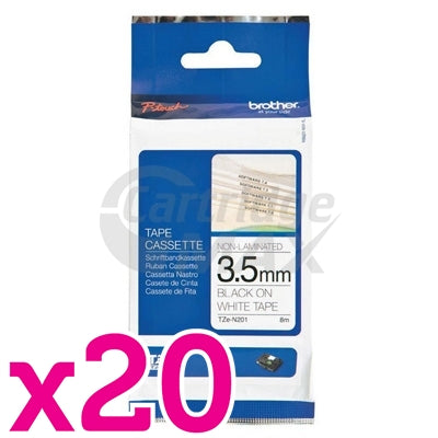 20 x Brother TZe-N201 Original 3.5mm Black Text on White Tape - 8 metres