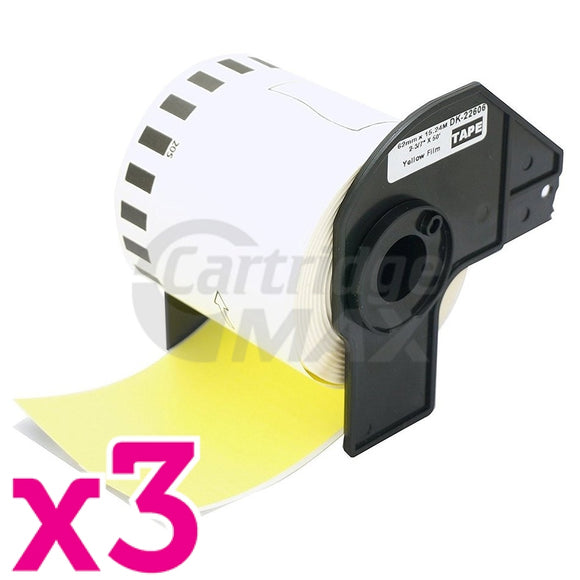 3 x Brother DK-22606 Generic Black Text on Yellow Continuous Film Label Roll 62mm x 15.24m